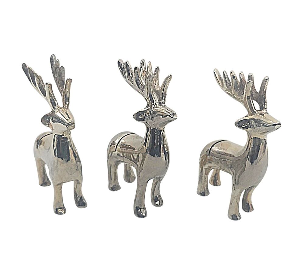 Vintage Lot Of 3 Silver Metal Reindeer Deer Card Holder Christmas Decor 3" CL60